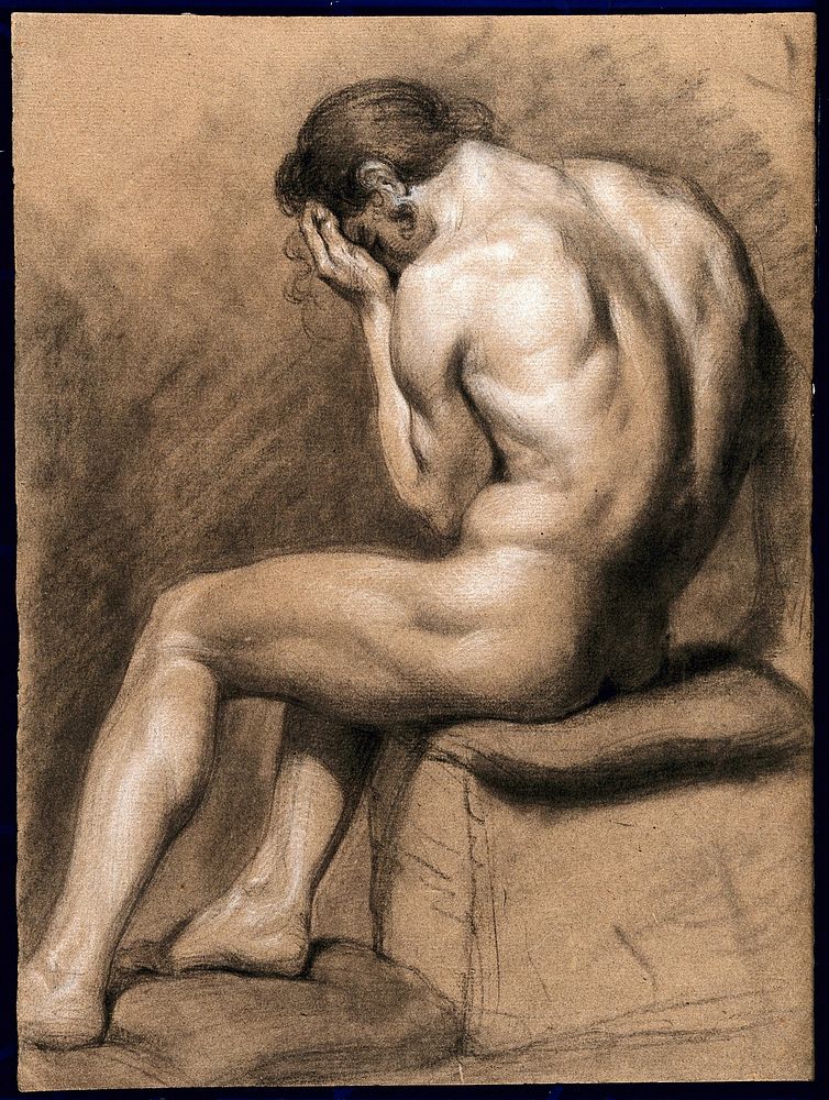 A seated male nude seen from behind. Chalk drawing.