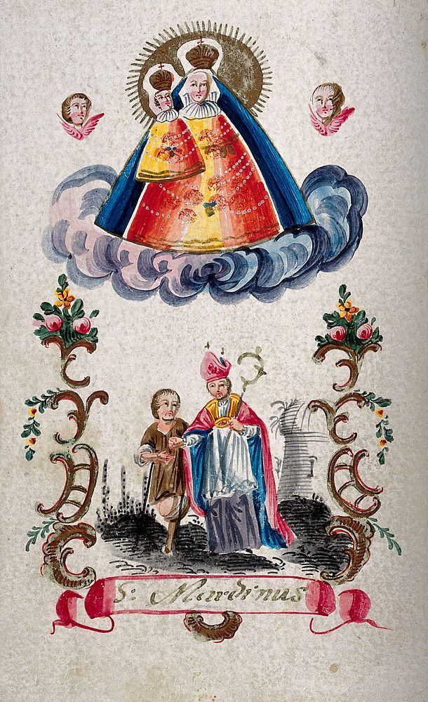 The Virgin of Mariazell above Saint Martin, Bishop of Tours, who helps a man with a wooden leg. Gouache.