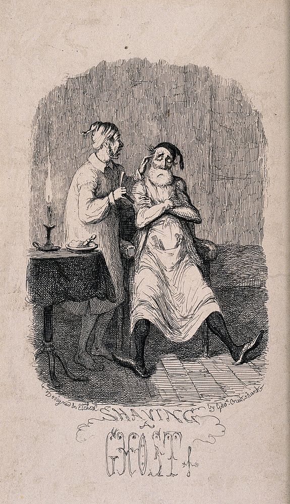 A man who has rented a haunted castle is asked to shave the ghost of a deceased barber. Etching by G. Cruikshank, 1861.