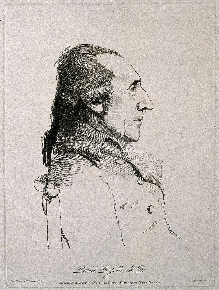 Patrick Russell. Soft-ground etching by W. Daniell, 1811, after G. Dance, 1794.
