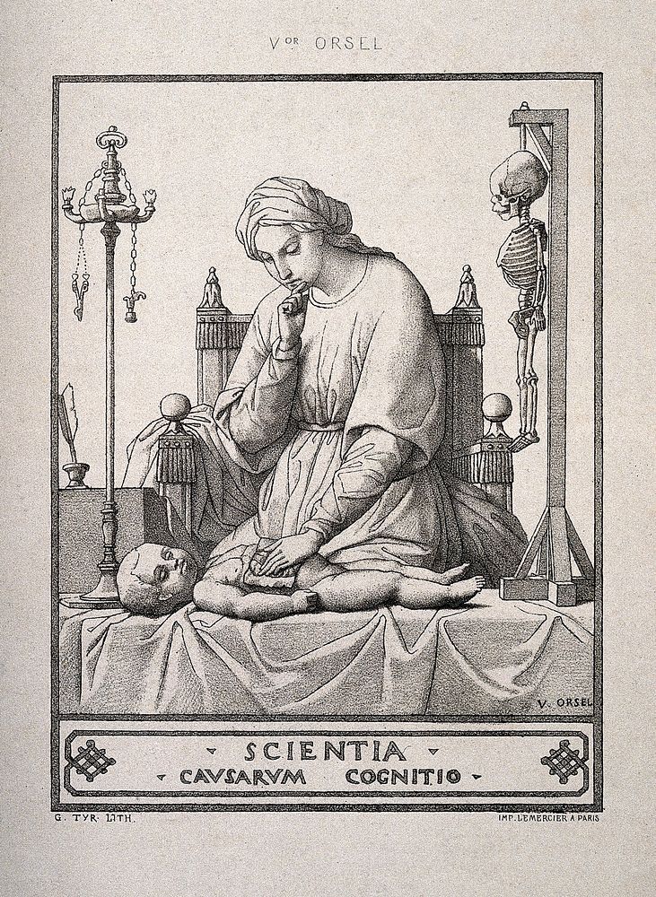 A woman representing knowledge examining a sick child. Lithograph by G. Tyr after A.J.V. Orsel.