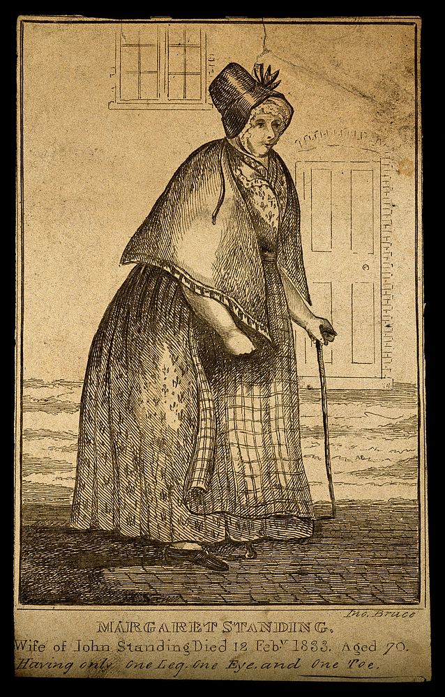 Margaret Standing, a disabled woman. Etching by J. Bruce.
