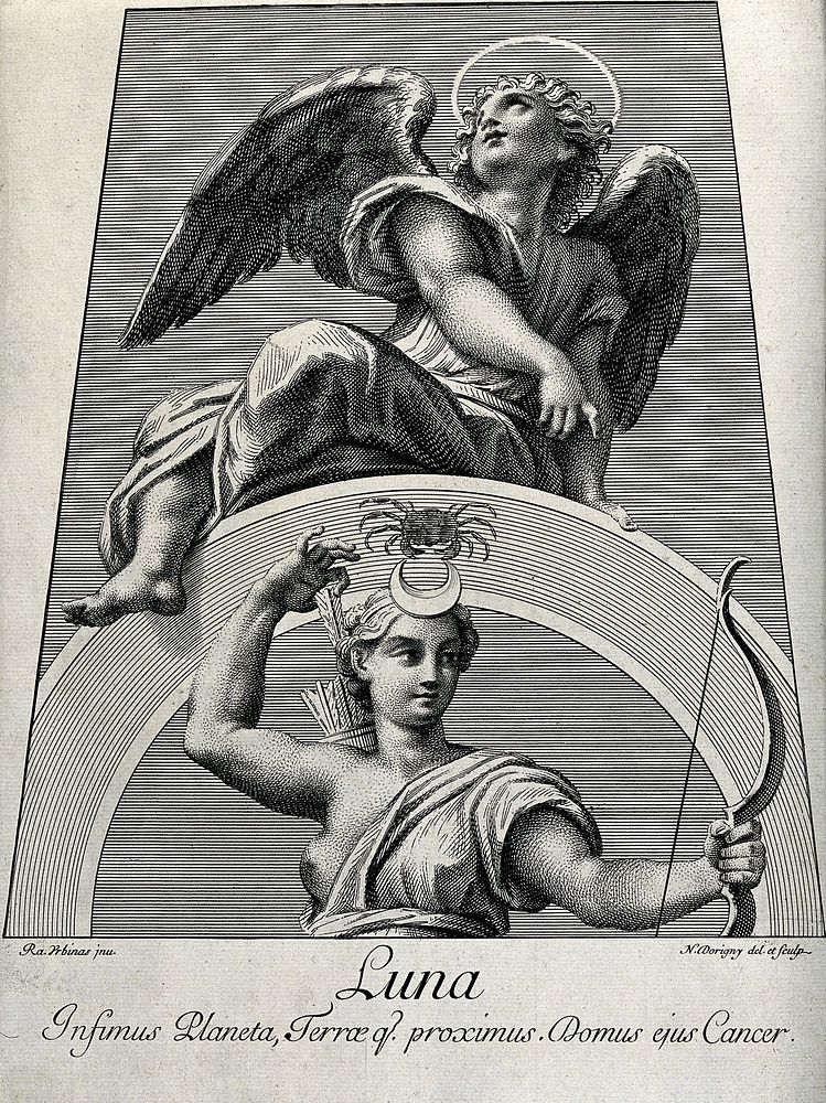 Astronomy: Diana, as Moon goddess, an angel above looking heavenward. Engraving by N. Dorigny, 1695, after Raphael, 1516.