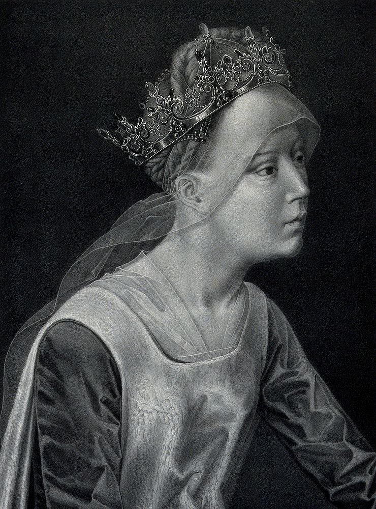 Saint Catherine. Lithograph by P.J. de Vlamynck after H. Memling, 1479.