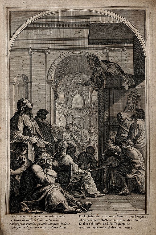 Saint Bruno. Engraving by F. Chauveau and C. Simonneau after E. Le Sueur.
