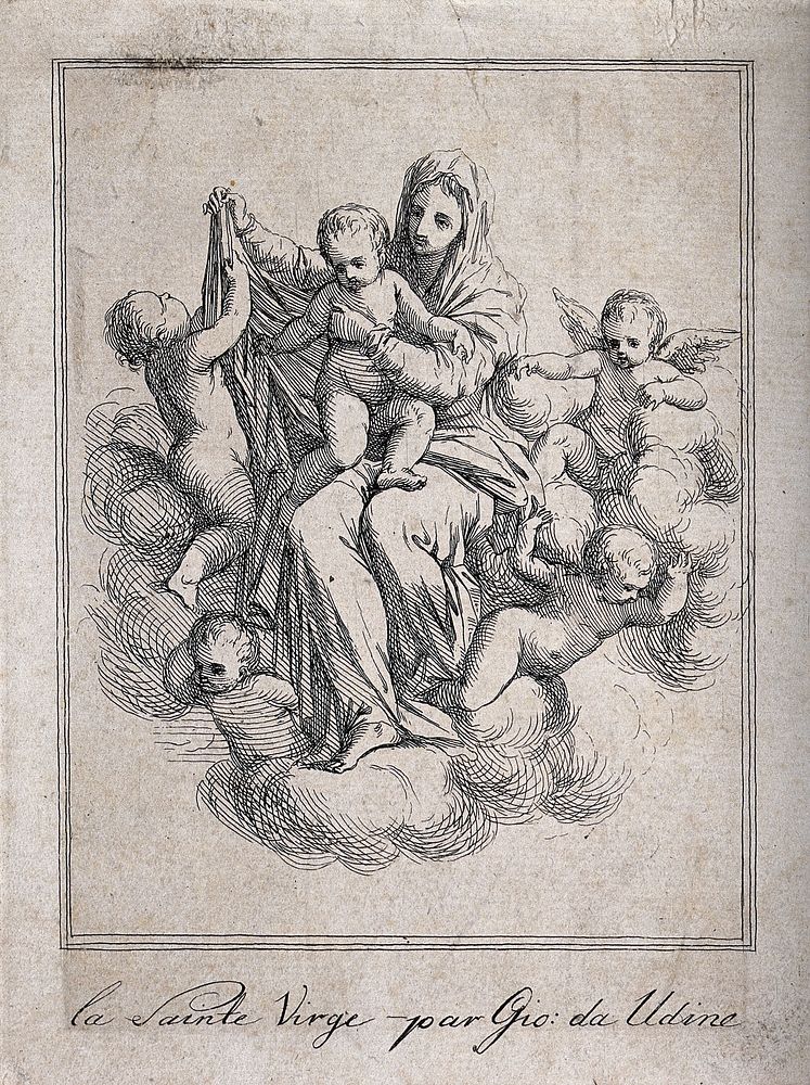Saint Mary (the Blessed Virgin) with the Christ Child. Etching after Giovanni da Udine.