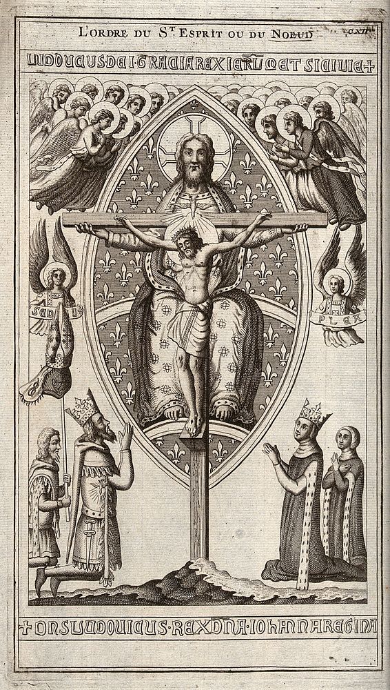 Throne of Mercy: God the Father, Christ crucified and the Holy Ghost being venerated by angels, Louis I Anjou, King of…
