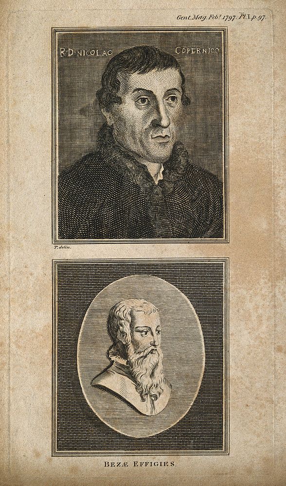 Nicolaus Copernicus (above); Theodore Beza (below). Line engraving, 1797, after T. Park.