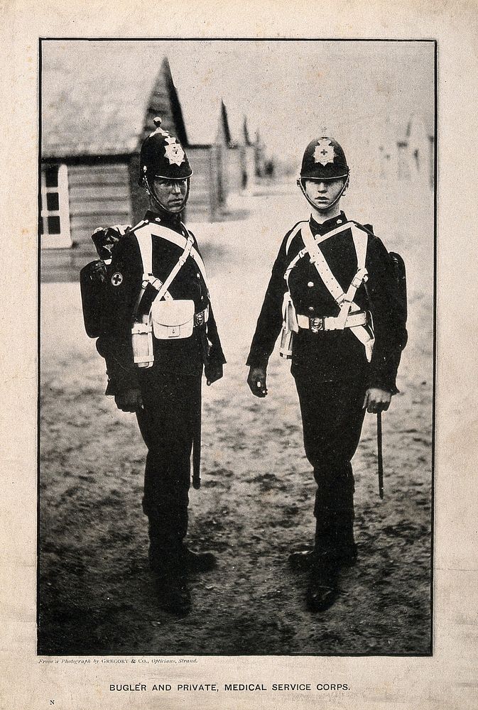 Two uniformed men from the Medical Service Corps: a bugler and private. Collotype after a photograph.