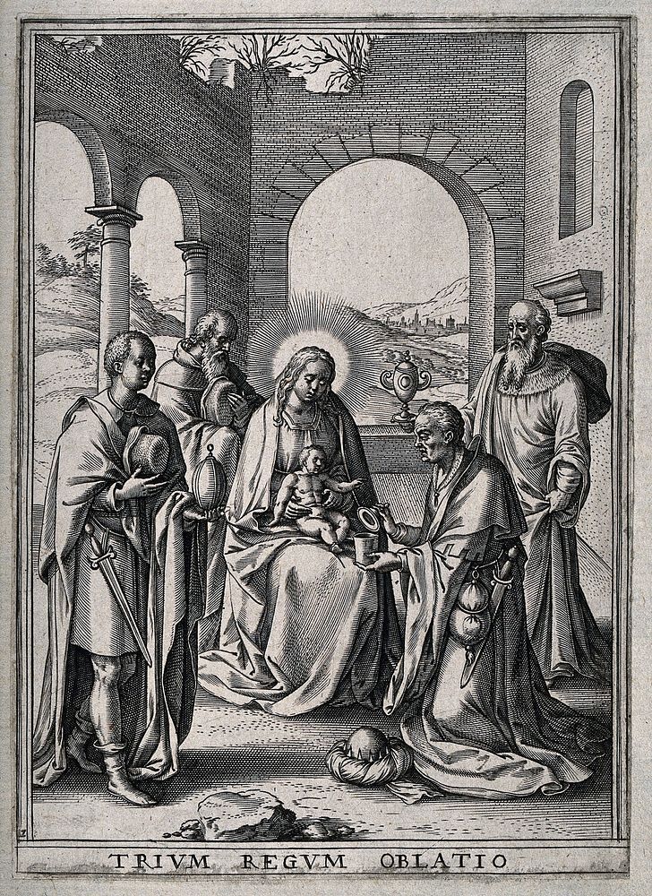 The adoration of the magi. Engraving by H. Wierix.