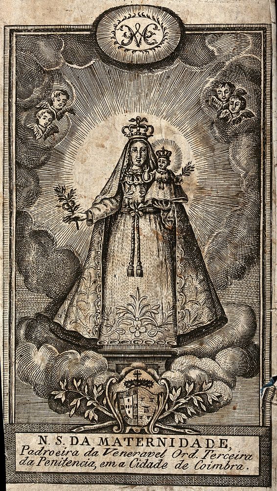 The Virgin of Maternity, patron of the Third Order of Penitence in the church of S. Salvador at Coimbra. Etching.