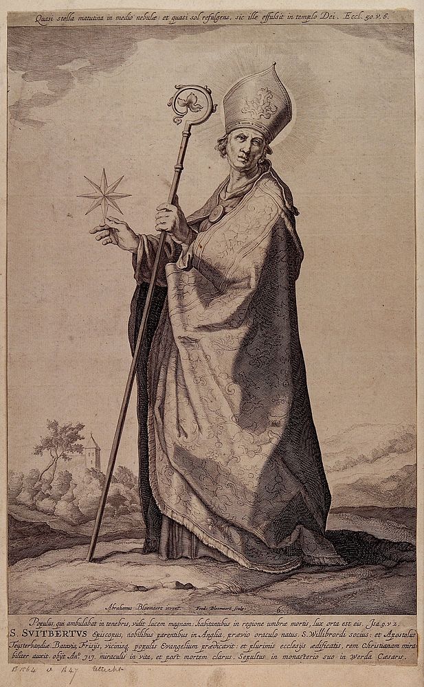 Saint Suitbertus (Swithbert). Engraving by F. Bloemaert after A. Bloemaert.