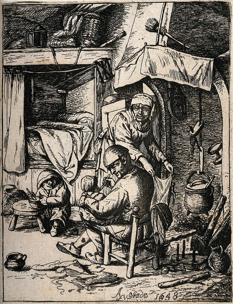 A father feeding his infant while the mother attends to domestic jobs and a small child plays with its food. Etching after…