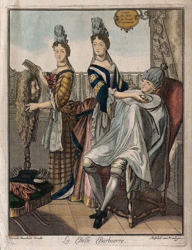 A female barber shaving a man; another female barber dresses the customer's wig which is on a stand. Coloured engraving.