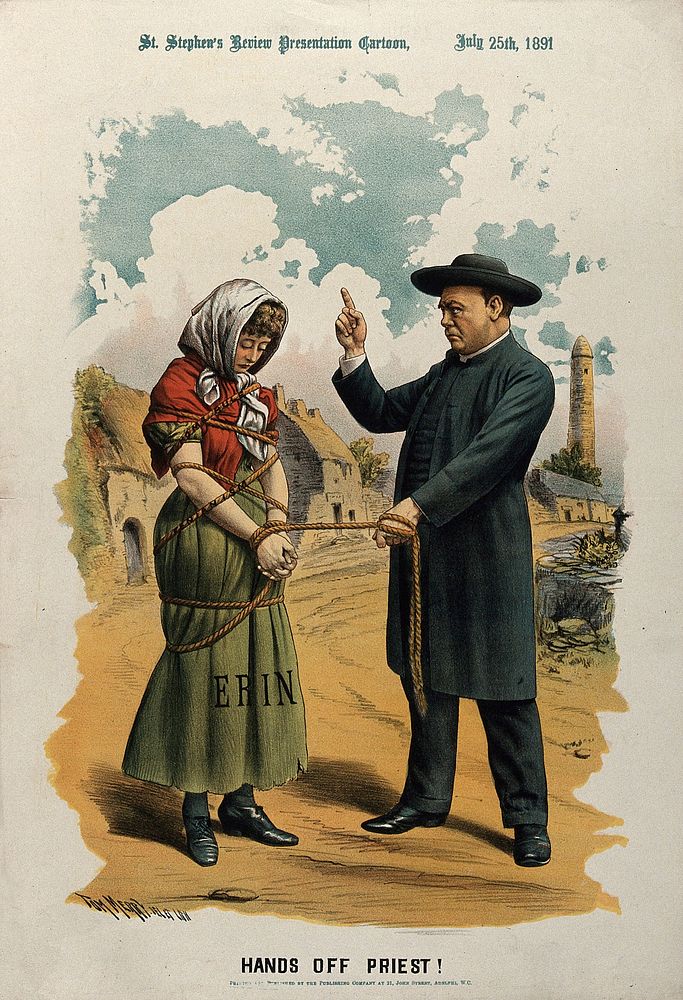 A priest (the Catholic church) has tied a young woman (Ireland) with a rope and is admonishing her. Colour lithograph by Tom…