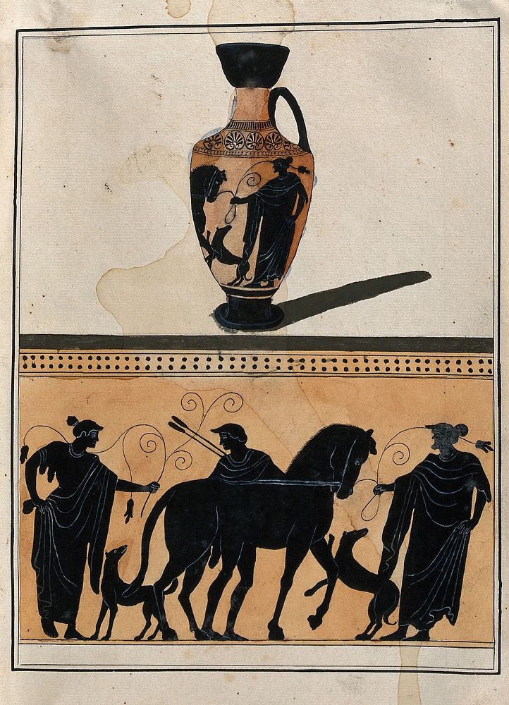 Above, black-figured Greek perfume bottle (lekythos); below, detail of the decoration showing a young man about to ride his…