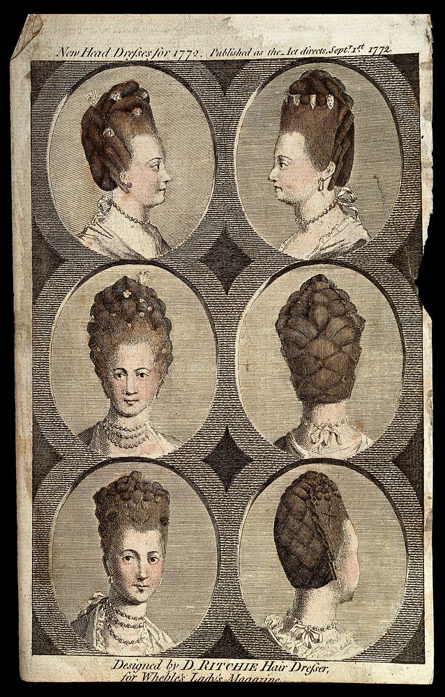 Eight different styles of head-dresses for women. Coloured engraving, 1772.