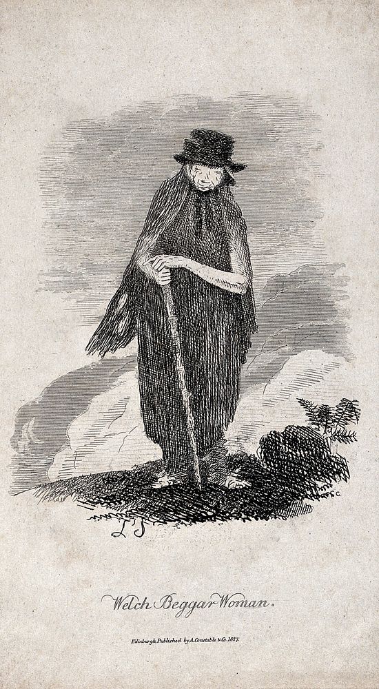 An old woman in ragged clothes with a stick. Etching, 1817.