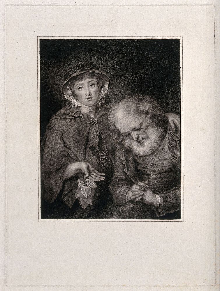 A young woman places a comforting arm around an old man's shoulders. Stipple engraving.