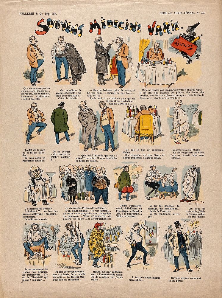 Nineteen scenes depicting popular disillusionment with doctors and medicine. Coloured wood engraving by Henriot, ca. 1900.