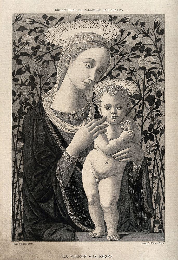 Saint Mary (the Blessed Virgin) with the Christ Child. Etching by L. Flameng after P. Spinelli.
