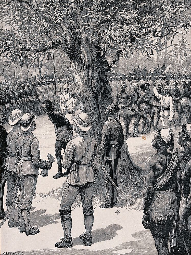 Execution of a Sudanese mutineer by hanging. Wood engraving by C.J. Staniland.