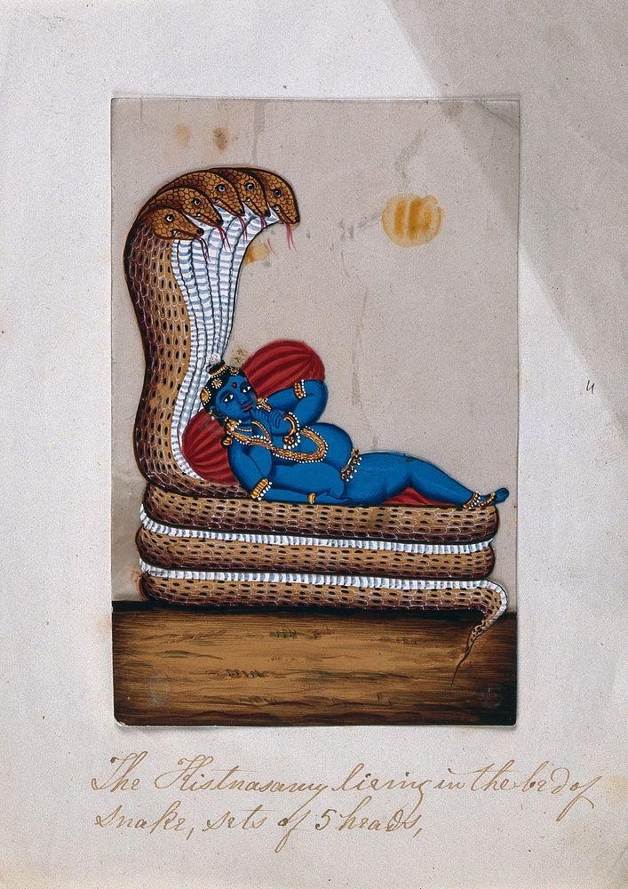 Krishna lying on the coils of a five headed snake, supported by some cushions. Gouache painting on mica by an Indian artist.