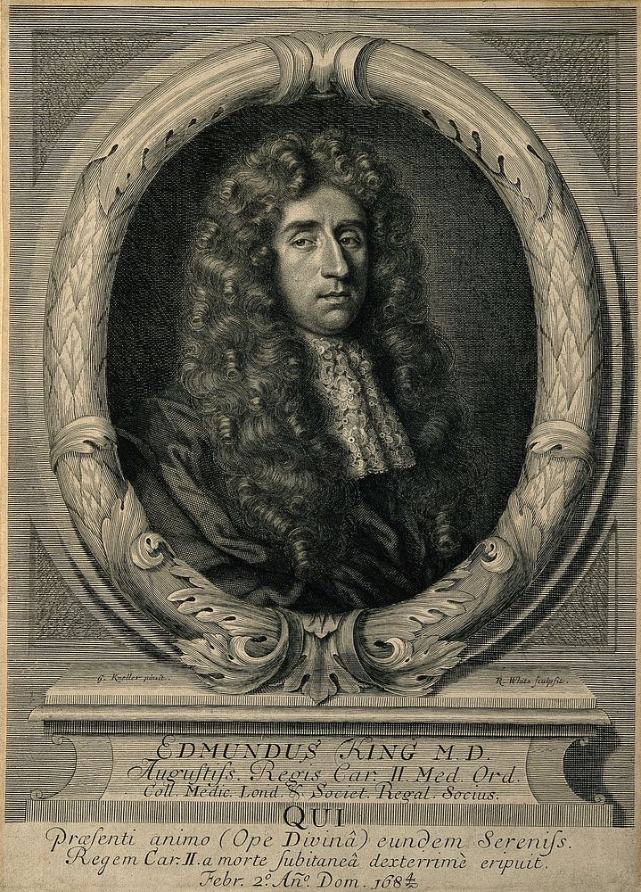 Sir Edmund King. Line engraving by R. White, 1684, after Sir G. Kneller.