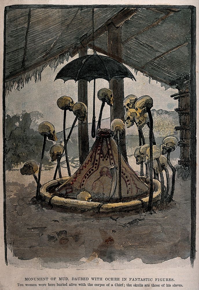 A Ba-yanzi monument of mud, daubed with ochre in fantastic figures and surrounded with skulls on sticks. Coloured wood…