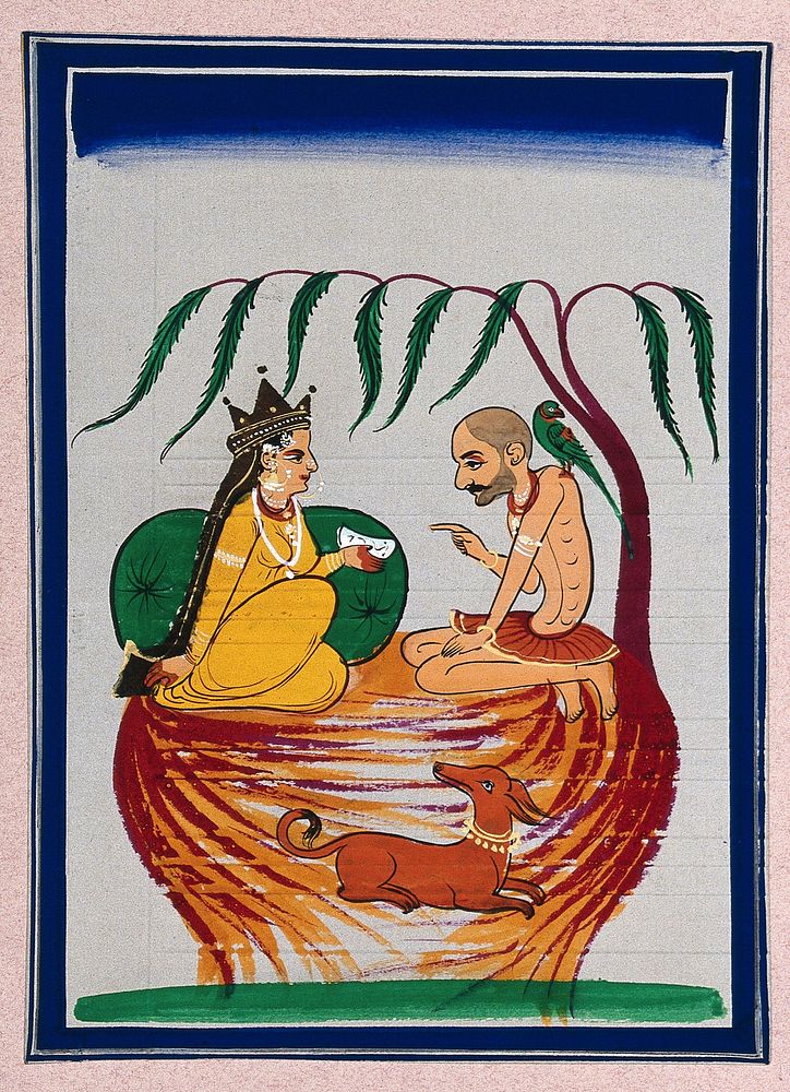 A queen  consults a hermit sitting under a tree along with his dog. Gouache painting by an Indian artist.