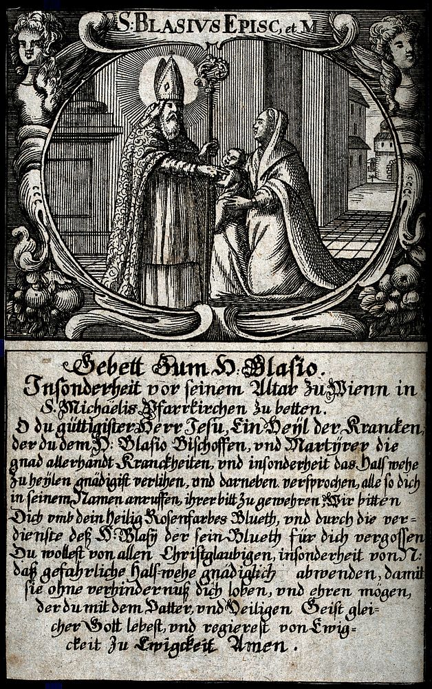 Saint Blaise blessing a baby with a dangerous throat disease (such as diphtheria). Line engraving, 16--.