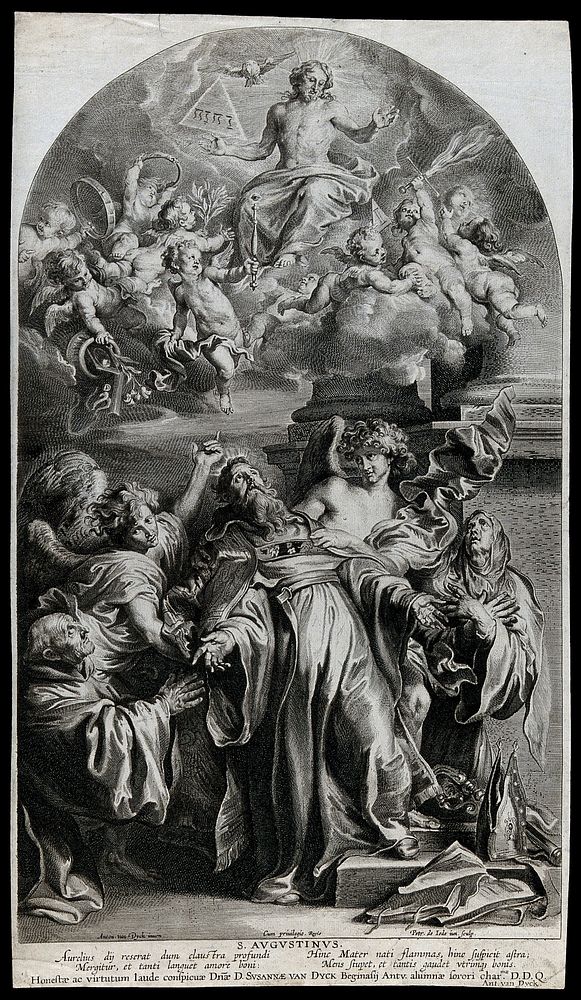 Saint Augustine of Hippo. Line engraving by P. de Jode after Sir A. van Dyck.