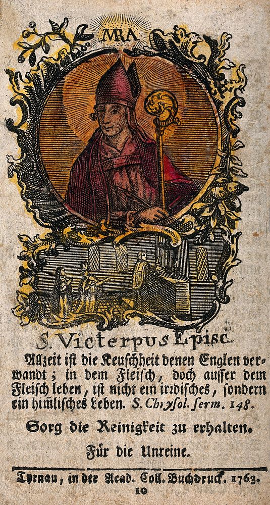 Saint Victerpus. Coloured etching, 1763.