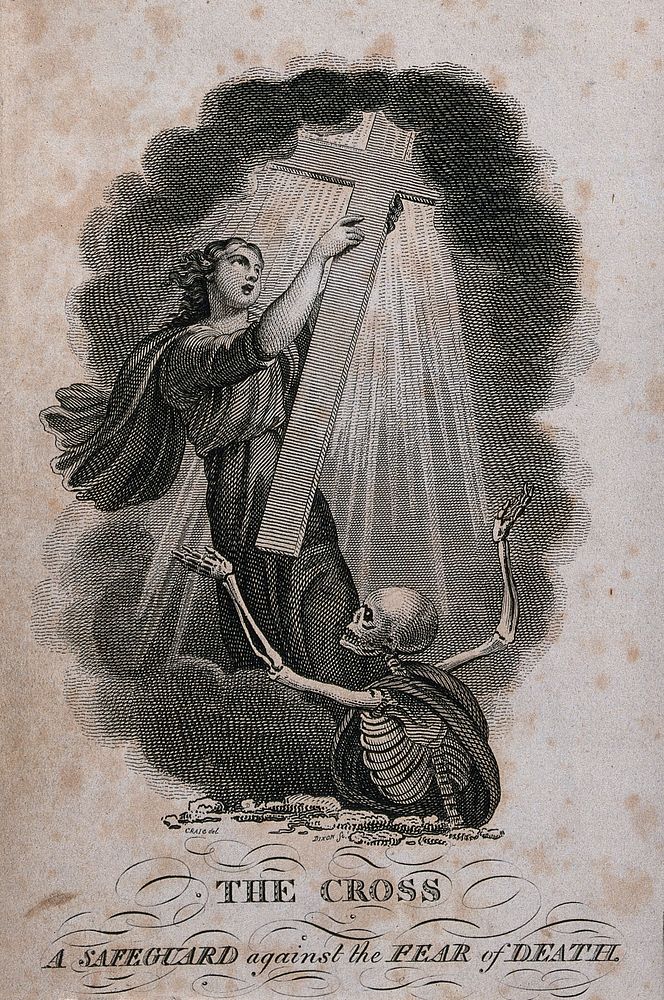 A skeleton opens his arms in supplication to a female figure who holds up a cross. Engraving by Dixon, 1811, after Craig.