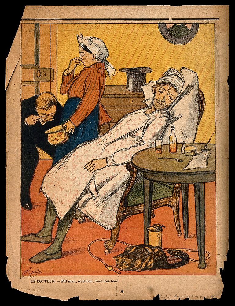 A doctor enthusiastically examines a patient's stools. Colour process print after F.L. Gottlob.