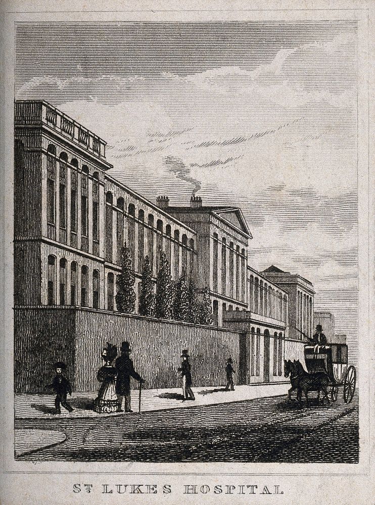 St Luke's Hospital, Cripplegate, London: the facade from the west. Engraving.