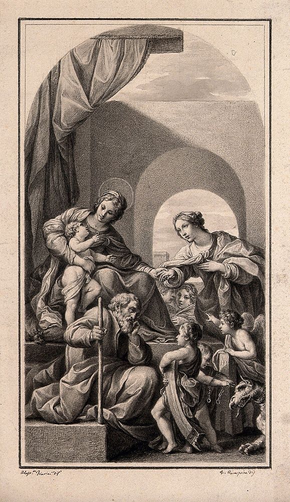The mystic marriage of Saint Catherine of Alexandria to the Christ child; Saint Joseph looks at angels who bear attributes…