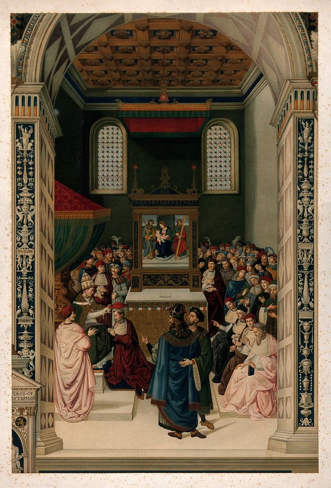 Aeneas Silvius Piccolomini receiving the cardinal's hat. Chromolithograph after E. Kaiser after Pinturicchio.