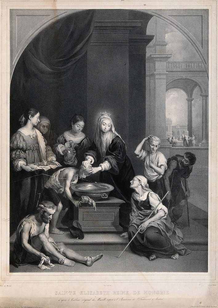 Saint Elizabeth of Hungary. Lithograph by Lafosse after B.E. Murillo.