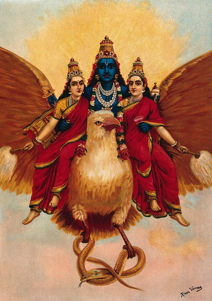 Vishnu accompanied by his wives riding on Garuda who carries a cobra. Chromolithograph by R. Varma.