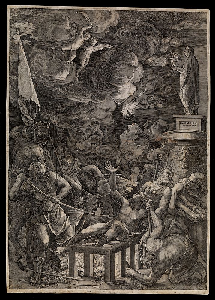 Saint Laurence of Rome: his martyrdom. Line engraving by C. Cort after Titian, 1571.