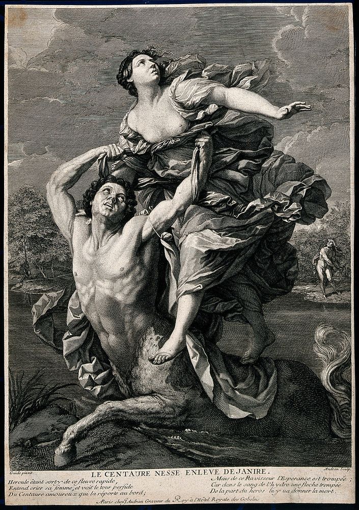 The centaur Nessus carrying off Deianeira. Engraving by J. Audran after G. Reni.