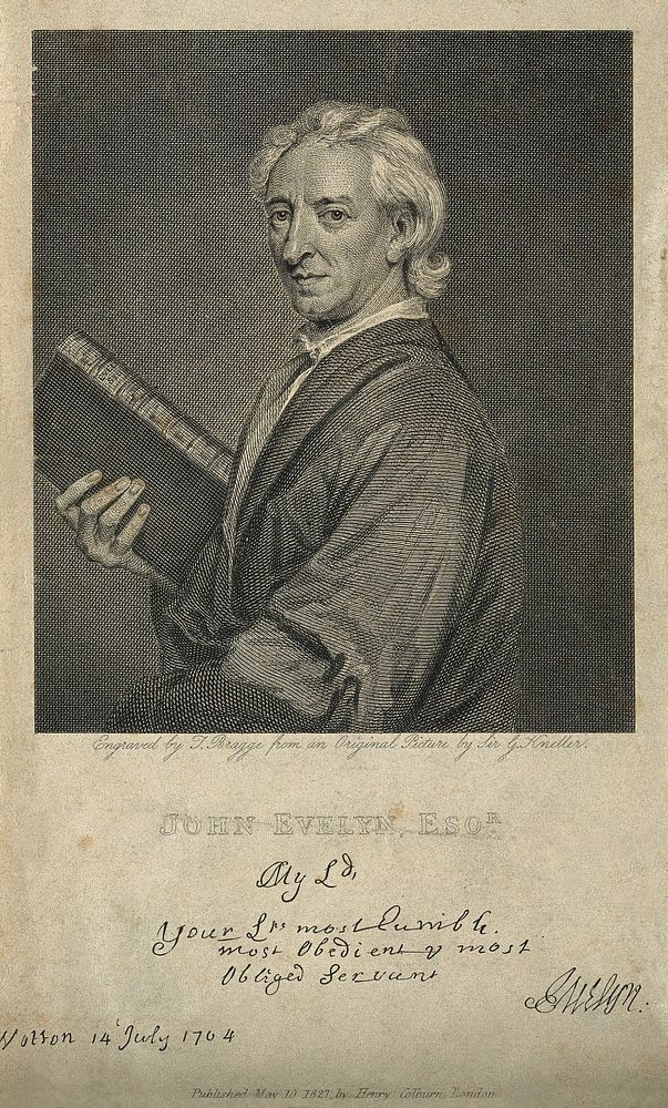John Evelyn. Line engraving by T. Bragg, 1827, after Sir G. Kneller.