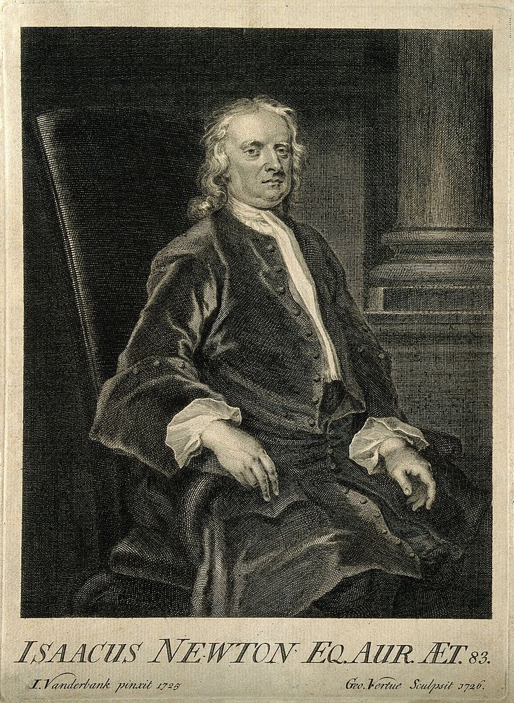Sir Isaac Newton. Line engraving by G. Vertue, 1726, after J. Vanderbank, 1725.
