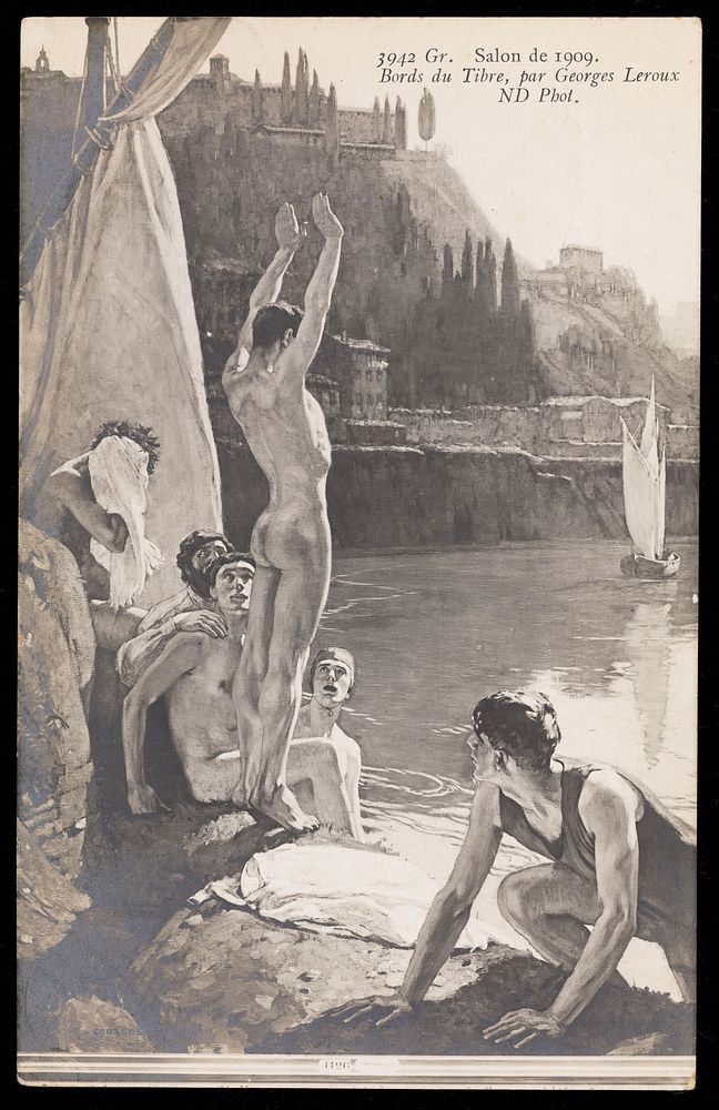 Young men bathing naked in the Tiber. Process print after Georges Paul Leroux, 1909.