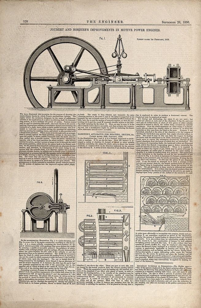 Engineering: a steam engine, and drying chambers. Wood engraving by E. Jewitt, 1856.