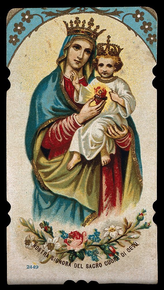 Saint Mary (the Blessed Virgin) holding the Christ Child and the Sacred Heart. Colour lithograph, 1906.