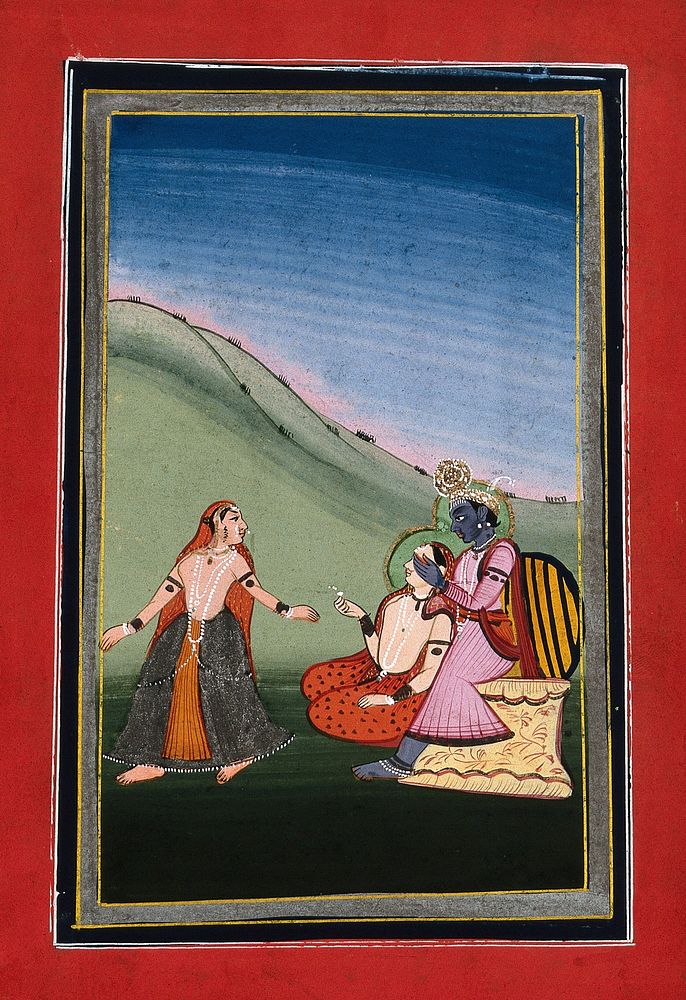 Krishna playing hide and seek with two female companions. Gouache drawing.