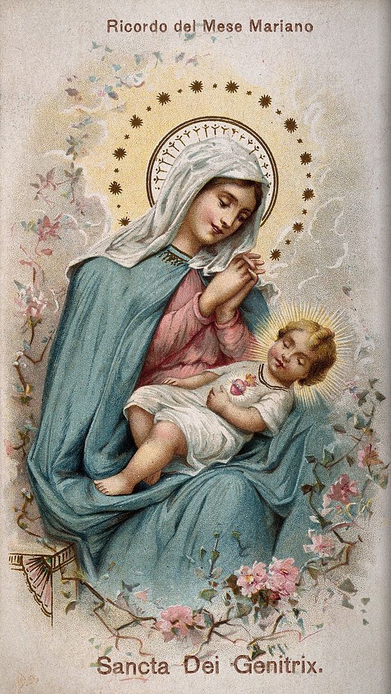 Saint Mary (the Blessed Virgin) with the Christ Child. Colour lithograph, 1883.
