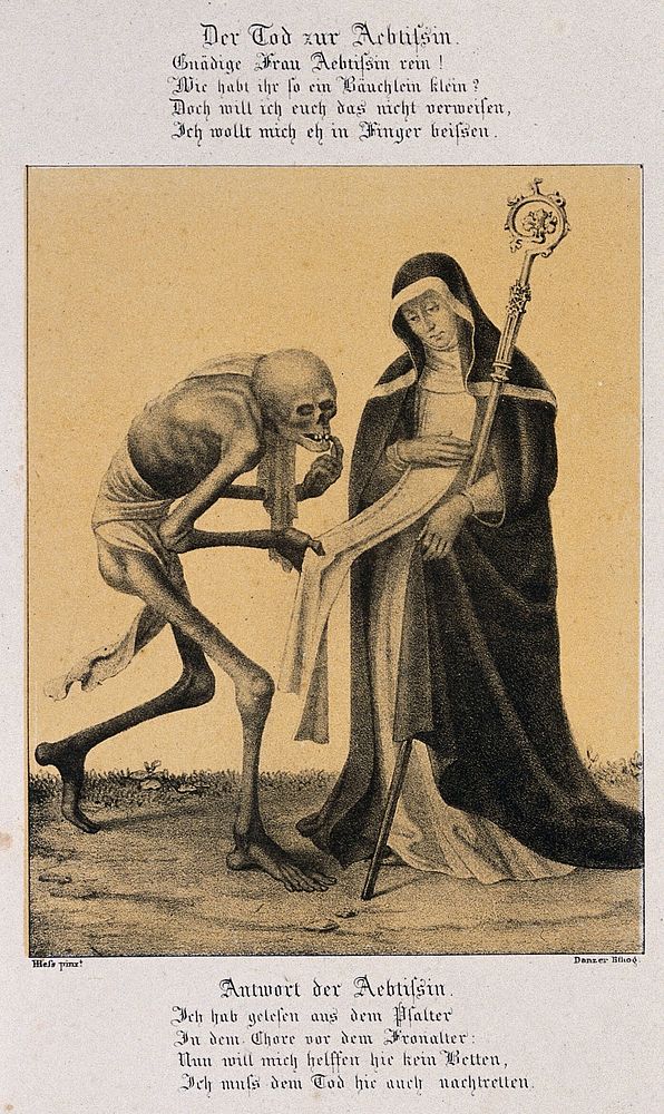 The dance of death at Basel: death and the abbess. Lithograph by G. Danzer after H. Hess.